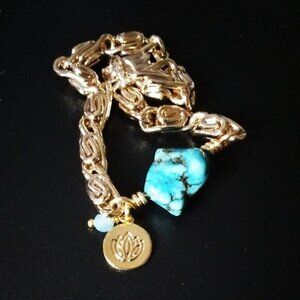 Turquoise Magnesite + Lotus Blossom! Thick Gold Chain Bracelet! Your Size!!!